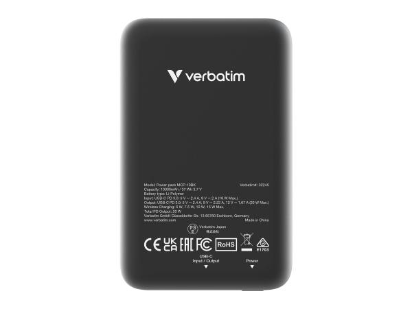 Verbatim Charge 'n' Go - Induktive Power Bank - Magnethalterung - Li-Pol - 10000 mAh - 20 Watt - 2.4 A - Apple