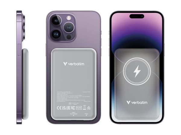 Verbatim Charge 'n' Go - Induktive Power Bank - Magnethalterung - Li-Pol - 5000 mAh - 20 Watt - 2.4 A - Apple 